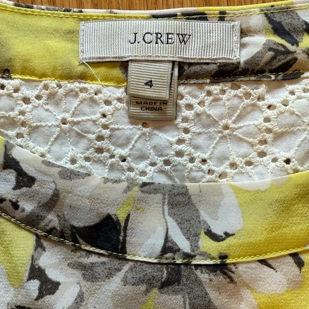 J Crew Silk Cotton Floral Size 4 Sleeveless Tunic Yellow‎ Black Eyelet Lace